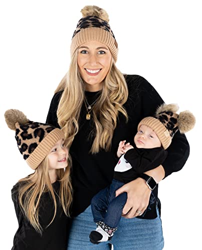 Funky Junque Matching Adult Toddler Infant POM Hat - Adult/Toddler (Single POM)/Infant (Double POM) - Leopard - Latte