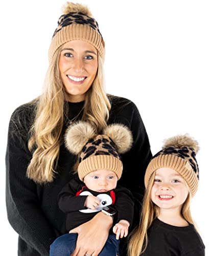 Funky Junque Matching Adult Toddler Infant POM Hat - Adult/Toddler (Single POM)/Infant (Double POM) - Leopard - Latte