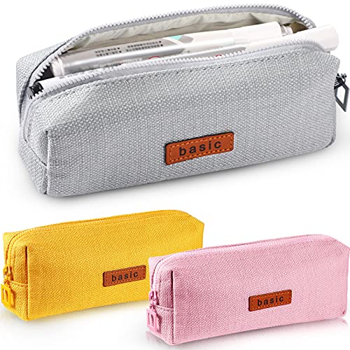 3 Pieces Linen Pencil Cases Stationery Pouch Bags Student Coin Purses Cosmetic Bags Stationery Storage Bags Office Storage Organizers for School Student, Gray, Yellow, Pink, 7.8 x 3.15 x 1.97 Inch