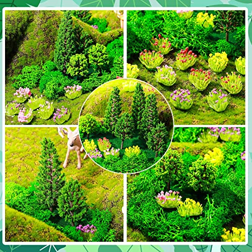 Canlierr 51 Pcs Mini Model Trees Flower Cluster Grass Mat Set, 32 Vegetation Groups 15 Mixed Miniature 4 Artificial Fake Turf, Train Railroad Park Scenery for DIY Crafts, Building Model, Landscape