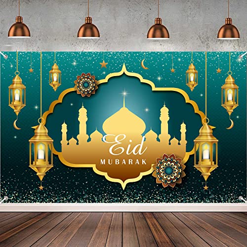 Large Eid Mubarak Party Decorations, Green and Gold Ramadan Mubarak Backdrop Banner, Muslim Ramadan Banner Photo Booth Backdrop for Eid Mubarak Indoor and Outdoor Decorations