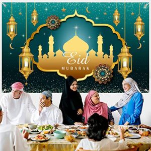 Large Eid Mubarak Party Decorations, Green and Gold Ramadan Mubarak Backdrop Banner, Muslim Ramadan Banner Photo Booth Backdrop for Eid Mubarak Indoor and Outdoor Decorations