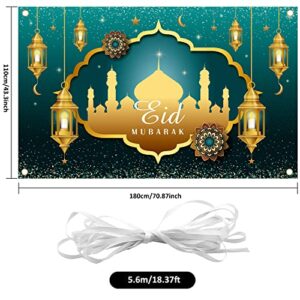 Large Eid Mubarak Party Decorations, Green and Gold Ramadan Mubarak Backdrop Banner, Muslim Ramadan Banner Photo Booth Backdrop for Eid Mubarak Indoor and Outdoor Decorations