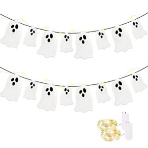 iwpty halloween ghost banner, ghost garland white glittery halloween decorations for party indoor outdoor haunted houses, home house doorways mantel wall decor supplies – 2 packs with 2 string lights