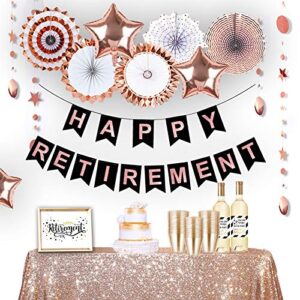 hombae retirement party decorations for women, happy retirement party decorations, rose gold happy retirement banner paper fans for women retirement party supplies
