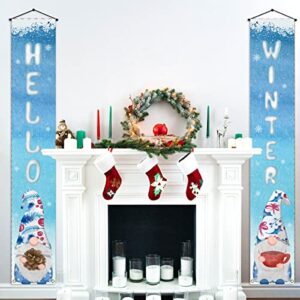 Pudodo Hello Winter Gnome Porch Banner Swedish Elf Snow Christmas Xmas Holiday Front Door Sign Wall Hanging Party Decoration