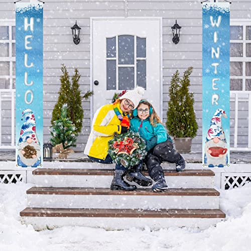 Pudodo Hello Winter Gnome Porch Banner Swedish Elf Snow Christmas Xmas Holiday Front Door Sign Wall Hanging Party Decoration