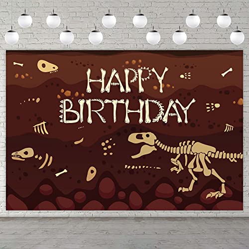 Dinosaur Tyrannosaurus Rex Fossil Happy Birthday Banner Backdrop Animal Dino T-REX Fossil Bones Theme Decorations Decor for Paleontology Party Birthday Party Supplies Background Photo Booth Props