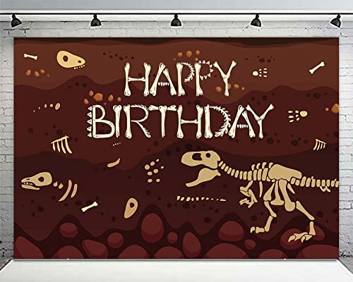 Dinosaur Tyrannosaurus Rex Fossil Happy Birthday Banner Backdrop Animal Dino T-REX Fossil Bones Theme Decorations Decor for Paleontology Party Birthday Party Supplies Background Photo Booth Props