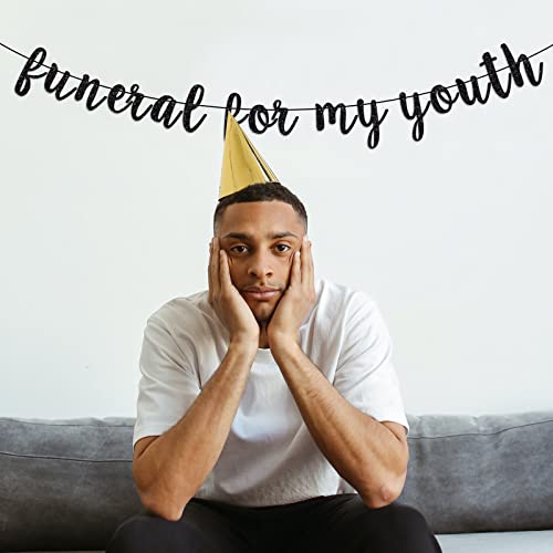 Funeral For My Youth Banner, Death To My 20s Banner, Funeral Bday Banner, 30th Birthday Decorations (Black Glitter)