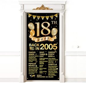 18th birthday door cover banner decorations, black gold happy 18th birthday door cover party supplies, large eighteen year old birthday poster backdrop sign decor