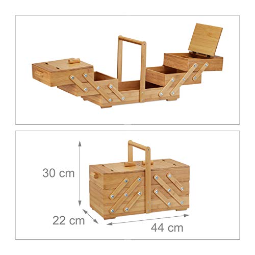 Relaxdays XXL Bamboo Sewing Box, Many Compartments, Foldable, Empty Organizer Basket, HWD 30 x 44 x 22 cm, Natural