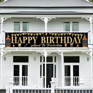 Whiskey Birthday Banner Decorations for Men, Large Black Gold Aged to Perfection Birthday Yard Banner Sign Party Supplies, Whiskey Themed Happy Birthday Photo Booth Props Decor for Indoor Outdoor