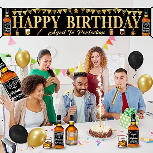 Whiskey Birthday Banner Decorations for Men, Large Black Gold Aged to Perfection Birthday Yard Banner Sign Party Supplies, Whiskey Themed Happy Birthday Photo Booth Props Decor for Indoor Outdoor