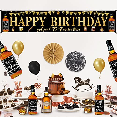 Whiskey Birthday Banner Decorations for Men, Large Black Gold Aged to Perfection Birthday Yard Banner Sign Party Supplies, Whiskey Themed Happy Birthday Photo Booth Props Decor for Indoor Outdoor