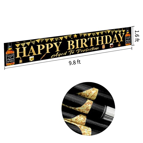 Whiskey Birthday Banner Decorations for Men, Large Black Gold Aged to Perfection Birthday Yard Banner Sign Party Supplies, Whiskey Themed Happy Birthday Photo Booth Props Decor for Indoor Outdoor