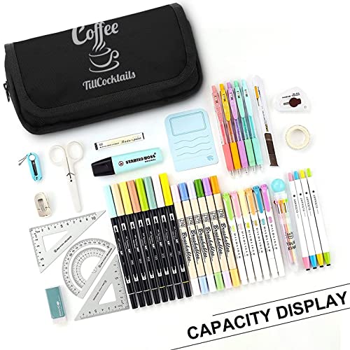 Coffee Till Cocktails Pencil Case with Two Large Compartments Pocket Big Capacity Storage Pouch Pencil Bag for School Teen Adult