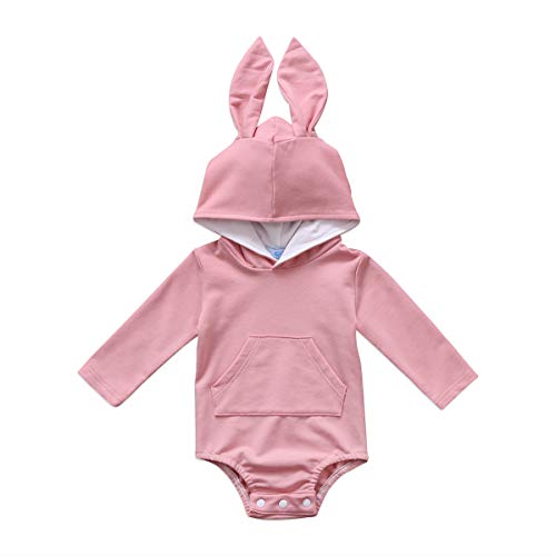 Newborn Baby Boys Girls Bunny Hooded One Piece Romper Easter Rabbit Ears Long Sleeves Jumpsuit with Pocket (Pink, 6-12m)