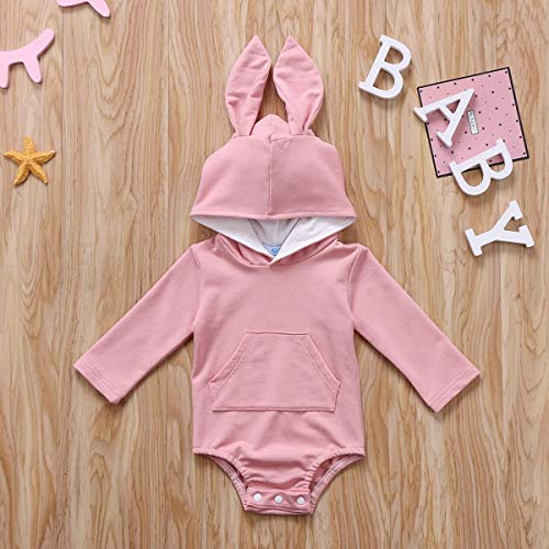 Newborn Baby Boys Girls Bunny Hooded One Piece Romper Easter Rabbit Ears Long Sleeves Jumpsuit with Pocket (Pink, 6-12m)