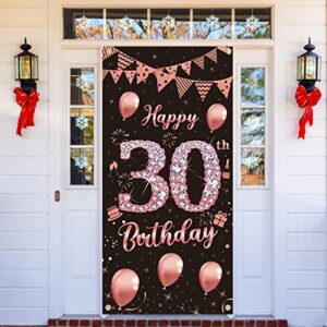 30th birthday banner decorations door cover, rose gold 30 year old birthday party backdrop supplies for her women, happy thirty birthday poster sign decor(rose gold)