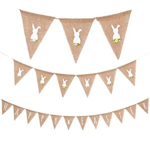 2 pcs happy easter garland burlap banners, rustic burlap bunny garland for spring easter decorations farmhouse fireplace home office school outdoor party hanging decor