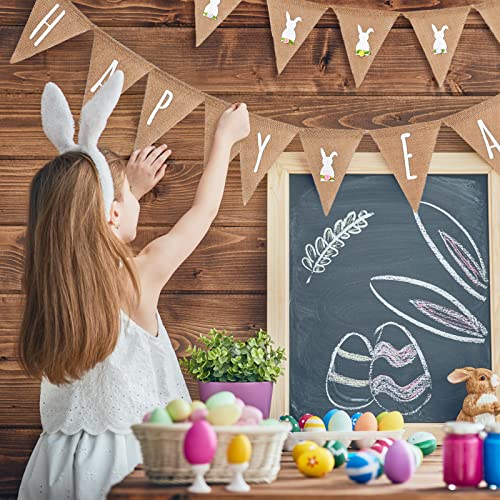 2 Pcs Happy Easter Garland Burlap Banners, Rustic Burlap Bunny Garland for Spring Easter Decorations Farmhouse Fireplace Home Office School Outdoor Party Hanging Decor