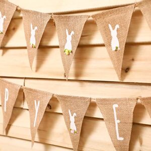 2 Pcs Happy Easter Garland Burlap Banners, Rustic Burlap Bunny Garland for Spring Easter Decorations Farmhouse Fireplace Home Office School Outdoor Party Hanging Decor