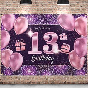 pakboom happy 13th birthday banner backdrop – 13 birthday party decorations supplies for girl – pink purple gold 4 x 6ft