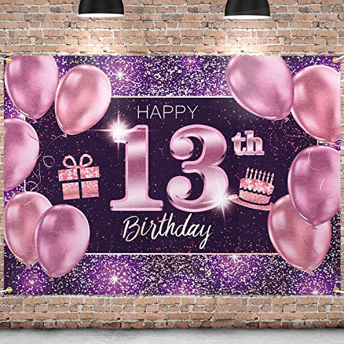 PAKBOOM Happy 13th Birthday Banner Backdrop - 13 Birthday Party Decorations Supplies for Girl - Pink Purple Gold 4 x 6ft