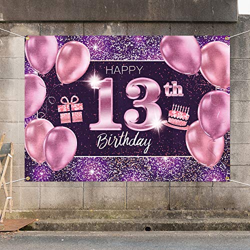 PAKBOOM Happy 13th Birthday Banner Backdrop - 13 Birthday Party Decorations Supplies for Girl - Pink Purple Gold 4 x 6ft