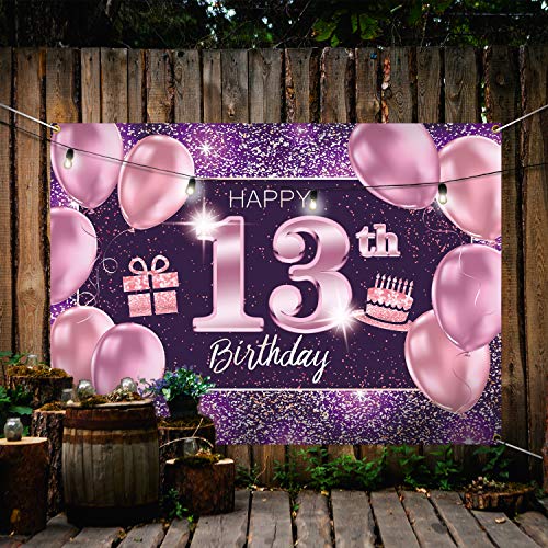 PAKBOOM Happy 13th Birthday Banner Backdrop - 13 Birthday Party Decorations Supplies for Girl - Pink Purple Gold 4 x 6ft