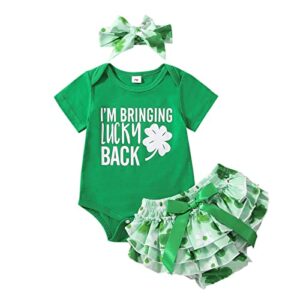 infant baby girl letters print romper bodysuit high waist clover tutu shorts bottoms st. patrick’s day clothes (green,3-6 months)