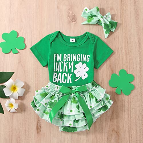Infant Baby Girl Letters Print Romper Bodysuit High Waist Clover Tutu Shorts Bottoms St. Patrick's Day Clothes (Green,3-6 Months)