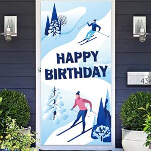 skiing happy birthday banner backdrop background sports ski snowboards theme decor decorations for skier winter christmas 1st birthday party baby shower supplies photo booth props favors