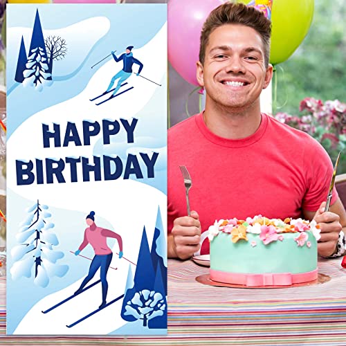 Skiing Happy Birthday Banner Backdrop Background Sports Ski Snowboards Theme Decor Decorations for Skier Winter Christmas 1st Birthday Party Baby Shower Supplies Photo Booth Props Favors