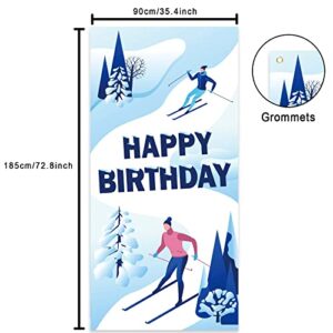 Skiing Happy Birthday Banner Backdrop Background Sports Ski Snowboards Theme Decor Decorations for Skier Winter Christmas 1st Birthday Party Baby Shower Supplies Photo Booth Props Favors