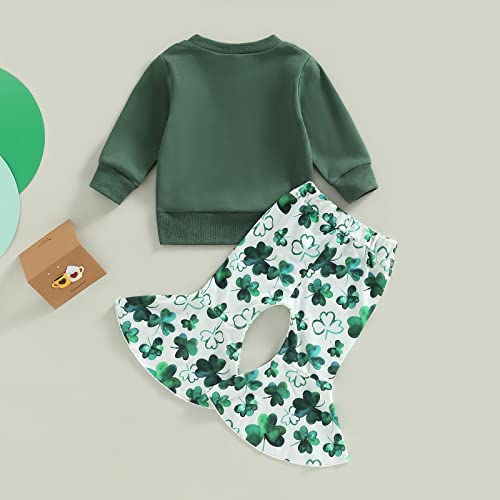 Endorothii St. Patricks Day Toddler Baby Girl Outfits Lucky Babe Print Crewneck Sweatshirt Ribbed Bell-Bottom Pants Set (Lucky Babe Green, 2-3T)