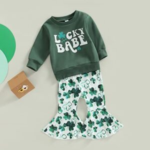 Endorothii St. Patricks Day Toddler Baby Girl Outfits Lucky Babe Print Crewneck Sweatshirt Ribbed Bell-Bottom Pants Set (Lucky Babe Green, 2-3T)