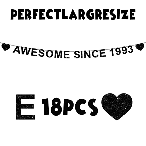 Awesome Since 1993 Banner Happy 29th Birthday Decorations Black Glittery Heart Theme Decor for Men Women 29 Twenty Nine Years Old Birthday Party Supplies Backdrop Pre-strung