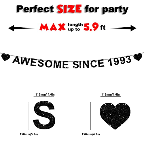 Awesome Since 1993 Banner Happy 29th Birthday Decorations Black Glittery Heart Theme Decor for Men Women 29 Twenty Nine Years Old Birthday Party Supplies Backdrop Pre-strung