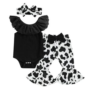 western baby girl clothes newborn rib ruffle long sleeve knit romper cow print flared pants headband set 3pcs outfits (black sleeveless, 0-3 months)