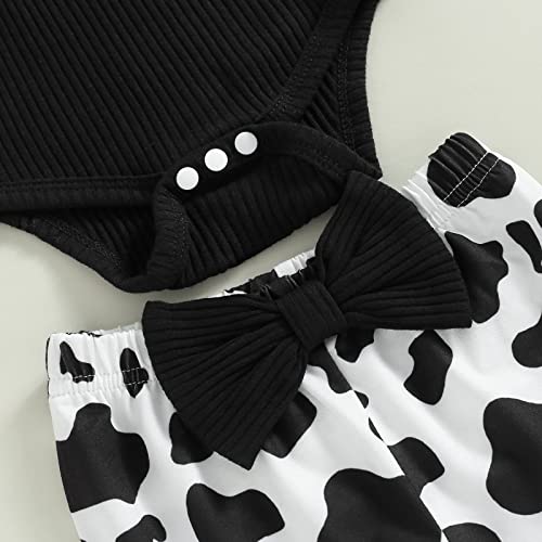 Western Baby Girl Clothes Newborn Rib Ruffle Long Sleeve Knit Romper Cow Print Flared Pants Headband Set 3Pcs Outfits (Black Sleeveless, 0-3 Months)