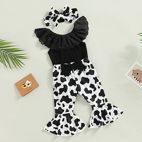 Western Baby Girl Clothes Newborn Rib Ruffle Long Sleeve Knit Romper Cow Print Flared Pants Headband Set 3Pcs Outfits (Black Sleeveless, 0-3 Months)