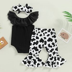 Western Baby Girl Clothes Newborn Rib Ruffle Long Sleeve Knit Romper Cow Print Flared Pants Headband Set 3Pcs Outfits (Black Sleeveless, 0-3 Months)