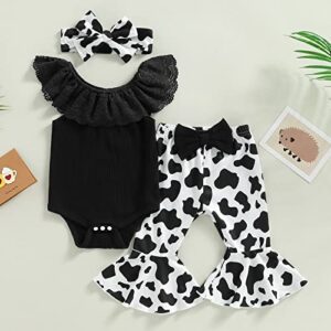 Western Baby Girl Clothes Newborn Rib Ruffle Long Sleeve Knit Romper Cow Print Flared Pants Headband Set 3Pcs Outfits (Black Sleeveless, 0-3 Months)