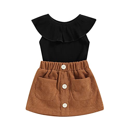 Yccutest Infant Baby Girls Skirts Summer Outfits Sleeveless Ruffle Ribbed Crewneck Romper + Corduroy Skirt Set 3-24M (Black&Brown,6-12 Months)