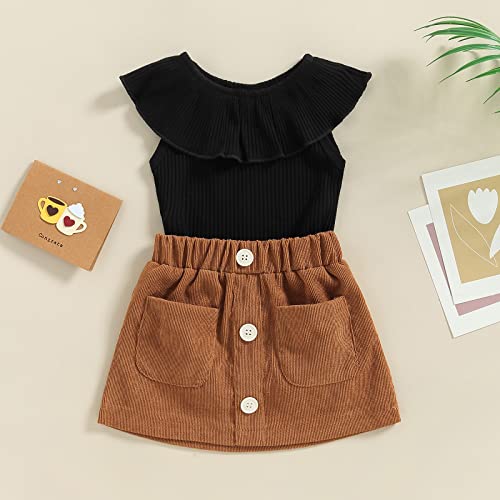 Yccutest Infant Baby Girls Skirts Summer Outfits Sleeveless Ruffle Ribbed Crewneck Romper + Corduroy Skirt Set 3-24M (Black&Brown,6-12 Months)