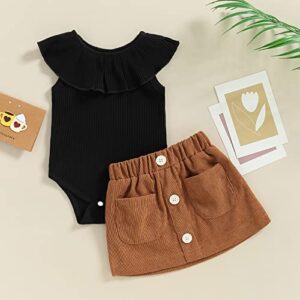 Yccutest Infant Baby Girls Skirts Summer Outfits Sleeveless Ruffle Ribbed Crewneck Romper + Corduroy Skirt Set 3-24M (Black&Brown,6-12 Months)