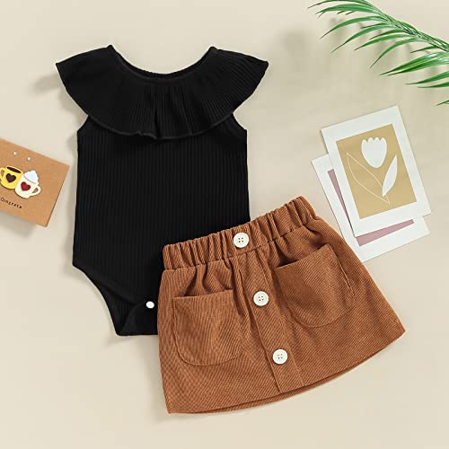 Yccutest Infant Baby Girls Skirts Summer Outfits Sleeveless Ruffle Ribbed Crewneck Romper + Corduroy Skirt Set 3-24M (Black&Brown,6-12 Months)