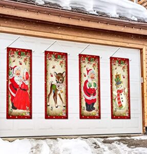 large set of 4 vintage christmas decorations santa claus stretching portraits outdoor vinyl christmas decoration, vintage christmas backdrop poster for new year indoor outside front garage door